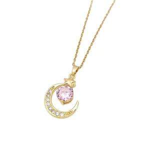 Collana girocollo con ciondolo luna e stella dorata e zircone rosa gioiello elegante
