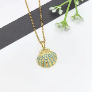 Collana con Pendente a Conchiglia Dorata e Zircone Blu Delicata Catena Clavicola