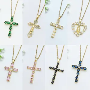 Collana da Donna in Acciaio Inossidabile con Pendente a Croce in Zirconia Lusso Leggero Micro-intarsiata Cuore Religioso Vergine Maria Gioielli