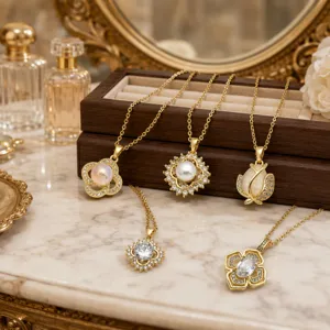 Collana con Ciondolo Quadrifoglio Tulipano in Acciaio Inossidabile Rame Zirconia Perla Artificiale Placcata Oro Elegante Donna Gioielli Regalo