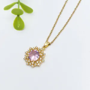 Collana con ciondolo a fiore in cristallo rosa in acciaio inossidabile, strass scintillanti.