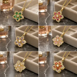 Collana con Pendente a Fiore Rotante in Acciaio Inossidabile per Donna Lusso Catena a Clavicola con Strass Gioielli Quotidiani Versatili