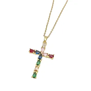 Elegante collana con ciondolo a croce in acciaio inossidabile con pietre colorate donna moda