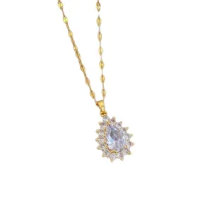 Elegante collana con ciondolo a goccia in zircone dorato da donna, catena di cristallo.