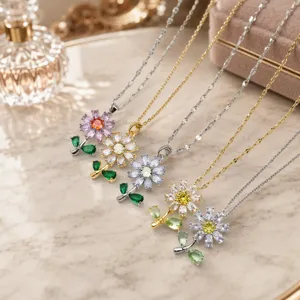 Moda Acciaio Inossidabile Rame Fiore Ciondolo Collana Lusso Strass Geometrico Margherita Catena Clavicola Gioielli Regalo Per Donne