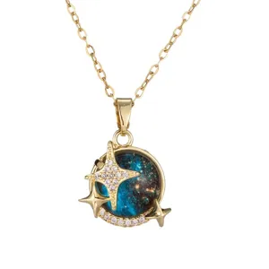 Collana Pendente Stella Luna Nebulosa Oro Catena Clavicola Gioiello Micro Pavé Strass