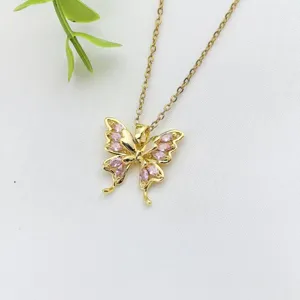 Collana in acciaio inossidabile con ciondolo a farfalla in zircone rosa gioiello moda