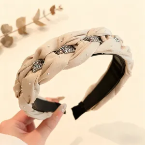 Cerchietto intrecciato in velluto chic con strass, accessorio per capelli largo antiscivolo.