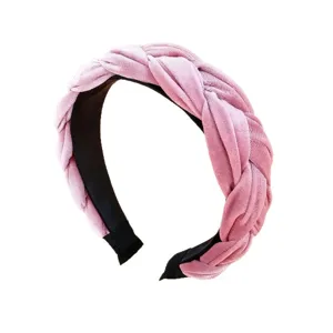 Elegante cerchietto per capelli intrecciato in velluto rosa da donna, fascia larga moda autunno inverno.