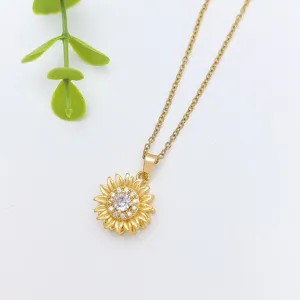 Gold sunflower pendant necklace for women, rotating cubic zirconia clavicle chain jewelry.