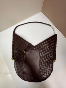 Dark brown woven leather shoulder bag with matching pouch, stylish intrecciato hobo bag.