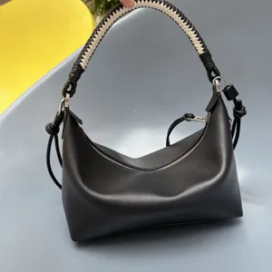 Genuine Leather Hobo Underarm Bag Handcrafted Woven Handle Solid Color Zipper Closure Fashion Casual Shoulder Bag For Women