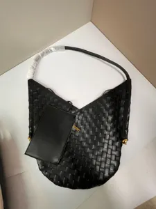 Black woven leather shoulder bag with small pouch, stylish large capacity hobo tote bag.