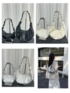 Retro sequin genuine leather crescent shoulder bag with metal chain, elegant hobo style handbag.
