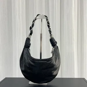 Black leather crescent shoulder bag with chain strap, stylish hobo purse for women daily use.