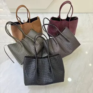 Leather woven tote bag large capacity shoulder shopping bag casual handbag multiple colors