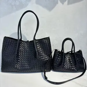 Black woven leather tote bag set, large capacity shoulder handbag for women, casual daily use.