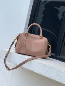 Vue détaillée de l'élégante sacoche en cuir rose avec de magnifiques accessoires dorés.