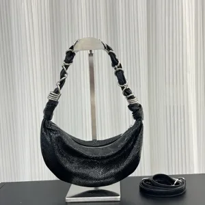 Vintage Sequins Cowhide Leather Underarm Bag Fashion Chain Half Moon Dumpling Shoulder Crossbody Bag For Women