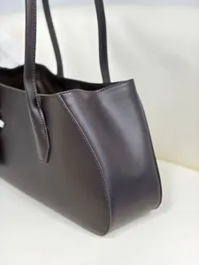 Dark brown genuine leather tote bag, elegant minimalist shoulder bag for women daily.