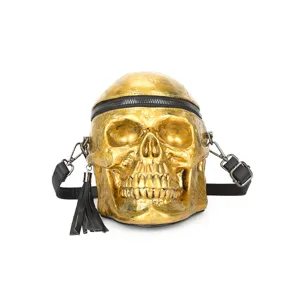 Goldener Totenkopf Umhaengetasche Punk Style Halloween Schultertasche Gothic Tasche fuer Damen