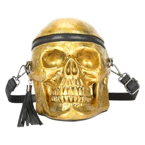 Goldene Totenkopf Umhängetasche für Damen Herren, Punk Goth Schultertasche mit Reißverschluss.
