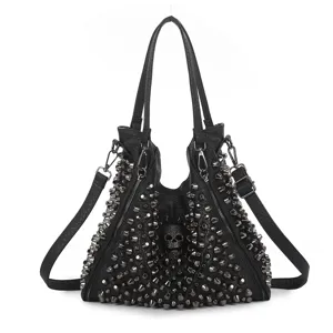 Bolso Tote de Cuero PU Estilo Punk para Mujer Negro Remache Calavera Gran Capacidad Bandolera