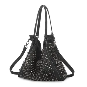 Bolso tote negro estilo punk con tachuelas y calavera, gran capacidad hombro y cruzado.