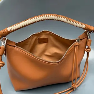Brown leather shoulder bag with woven handle, stylish crossbody bag for women daily use