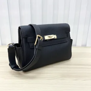 Black genuine leather women shoulder messenger bag with lock closure and top handle style.