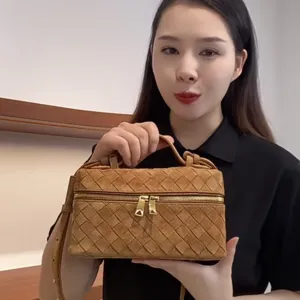 Brown suede woven vanity bag for women, stylish handmade top handle crossbody box bag
