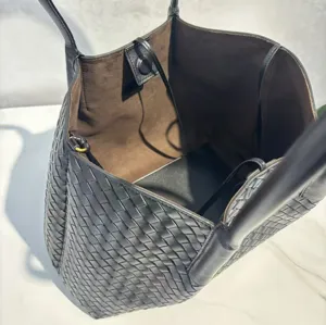 Black leather woven tote bag large capacity shoulder shopping bag luxury designer style