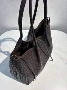 Dark brown leather woven tote bag, classic woven design, large capacity shoulder bag.