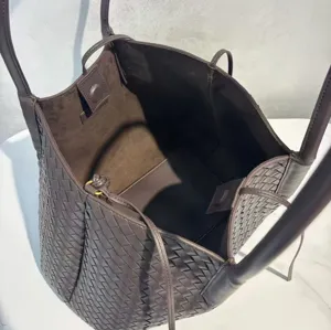 Dark brown woven leather tote bag large capacity luxury designer style shoulder shopping handbag
