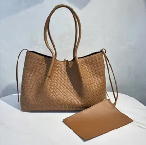 Genuine leather woven tote bag with matching pouch, large capacity shoulder shopping bag.