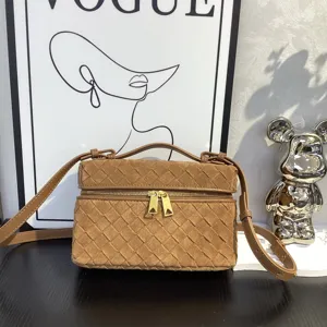 Brown suede woven crossbody bag for women, luxury style handmade shoulder vanity bag.
