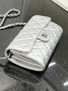 Silver quilted leather chain crossbody bag, elegant phone pouch with metal lock and strap.