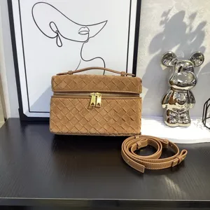 Womens Genuine Leather Woven Crossbody Bag Vintage Handcrafted Suede Lunch Box Bag Top Handle Shoulder Bag Fashion Daily Purse