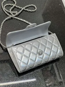 Detail view of silver quilted leather chain crossbody bag with classic flap and metallic lock.