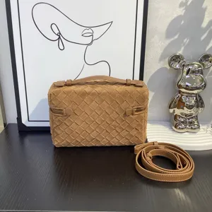 Brown suede woven crossbody bag for women, stylish handmade mini box shoulder handbag.