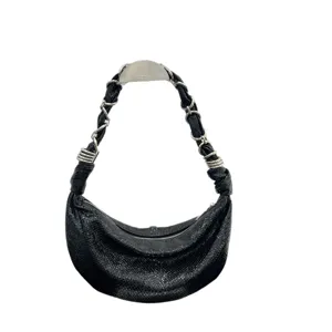 Black genuine leather half moon shoulder bag with metal chain strap for women, main view.