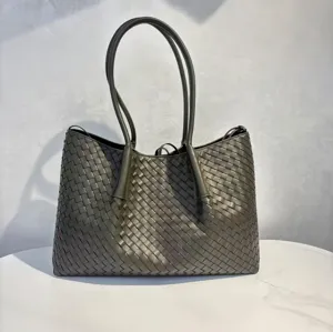 Dark green leather woven tote bag, large capacity shoulder bag for women daily shopping use.