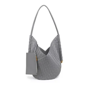 Grey woven leather shoulder bag with matching pouch, large capacity hobo tote bag style.