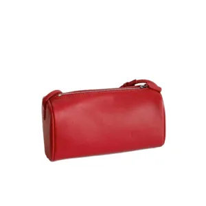 Sac fourre-tout cylindrique en cuir rouge, sac bandoulière minimaliste élégant.