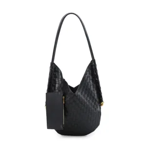 Black woven leather shoulder bag with hobo silhouette and matching pouch for women daily use.