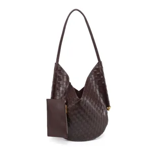 Women Soft Woven Tote Bag Large Capacity Diamond Lattice PU Leather Shoulder Bag Casual Daily Handbag With Pouch