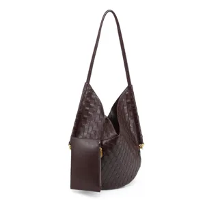 Soft woven leather shoulder bag large capacity hobo tote with pouch for women stylish handbag.