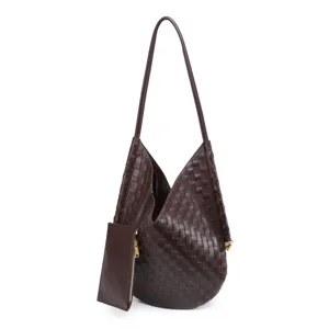 Woven leather shoulder tote bag with matching pouch, stylish slouchy hobo design.