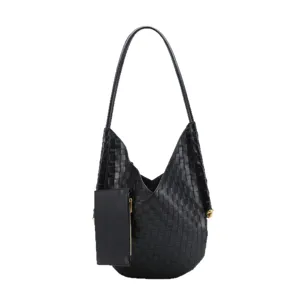 Classic black woven leather shoulder bag for women, large capacity hobo tote with a small pouch.