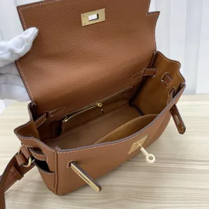 Brown genuine leather shoulder bag classic trapezoid design metal lock women crossbody bag